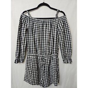 Womens Velvet Heart Gingham Romper Sz Small Off Shoulder Shorts Pockets Cottage
